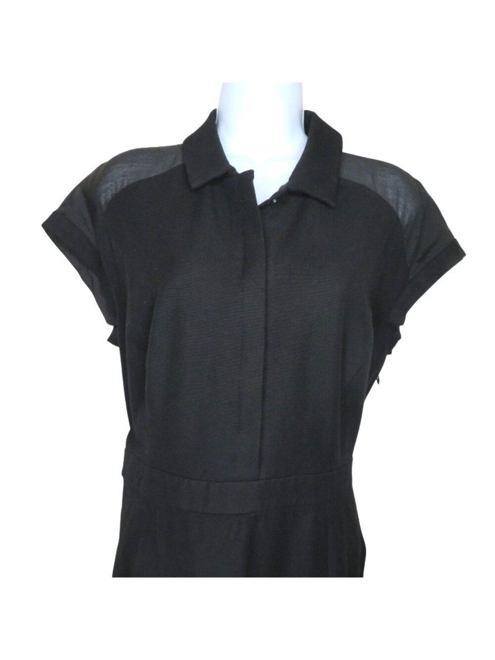 Ann Taylor Black Cap Sleeve Midi Dress 12 Sheer Shoulder Accents Sheath Stretch